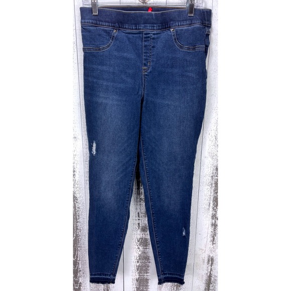 Spanx Womens L/G Distressed Hem Pull On Jeggings Blue Denim Pants - Picture 1 of 9